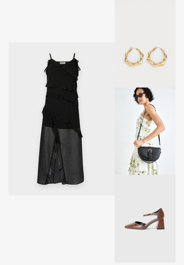 Čierne šaty s volánmi, tenkými ramienkami a priesvitným spodkom. Ľahká tkanina s splývavým dizajnom a siluetou až po členky.; Hnedé lakované lodičky so štvrtým prstom, textúrovaný krokodílový vzor, členkový remienok so zlatou prackou a hrubým podpätkom.; Čierna kožená kabelka s zaobleným tvarom, odnímateľným popruhom a zlatými doplnkami. Kabelka má klopu s detailom s prackou.; Zlaté kruhové náušnice s vlnitým, textúrovaným dizajnom. Obsahujú tenké drôtové zapínanie a lesklý, reflexný povrch.