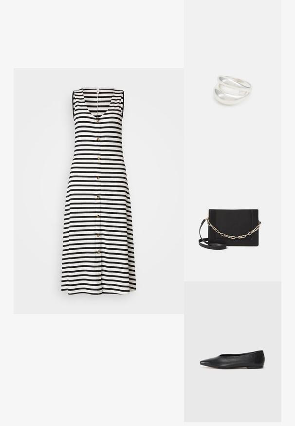 ONLY Tall ONLNELLA BUTTON DRESS - Trikotaažkleit - cloud dancer/black; Musthave mustris balletkingad, terav nina, minimaliseeritud disain, sile pind, madal konts, ilma nähtava riistvara või kaunistusteta.; Mustast nahast õlakott, mis omab siledat tekstuuri, ristküliku kuju ning esiküljel metallketi detaili. Reguleeritav rihm on kaasas.; Hõbedane kahekordne rõngas sujuva, poleeritud pinnaga. Omab voolavat, kõverat disaini, millel on kattuvad sektsioonid, et saavutada kaasaegne ilme.