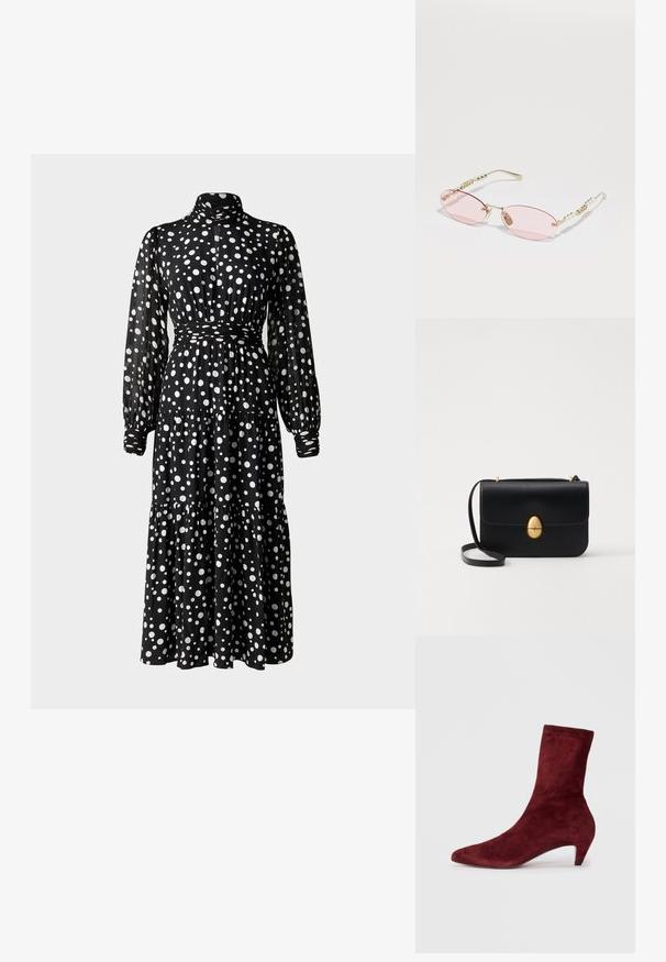 Diane von Furstenberg SAI DRESS - Dienas kleita - spot light; Burgundijas zamša potīšu zābaki ar norādīto purngalu un zemu papēdi. Gluda tekstūra un pieguļošs dizains bez redzamām detaļām vai rakstiem.; Gucci Saulesbrilles - gold-coloured/pink; Melnas ādas rokassomu ar strukturētu taisnstūra formu. Iespējas zelta ovāla slēdzis un plāns plecu siksna. Gluda tekstūra.