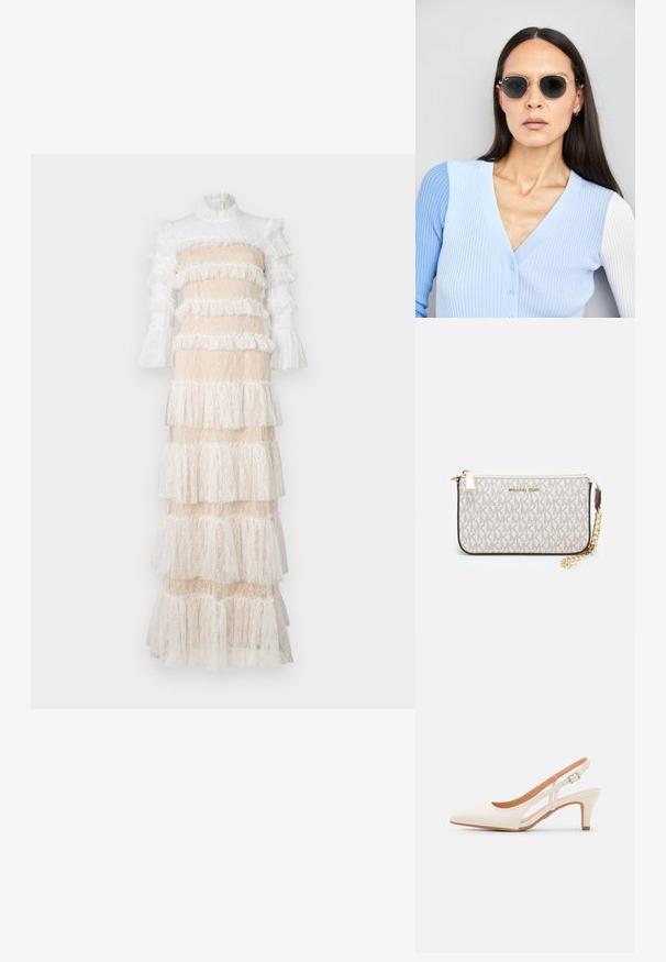 Mežģīņu maksi kleita bēšā un baltā krāsā, ar slāņainām pušķiem, gariem piedurknēm un augstu kakla izgriezumu, kā arī aizmugures rāvējslēdzēja aizdari.; Baltas siksniņveida papēdis ar smailu purngalu, gludu augšējo materiālu, zemu blokpapēdi un sānu izgriezumu dizainu ar regulējamu sprādzi.; Apaļas saulesbrilles ar tumšiem objektīviem un zeltītām rāmēm. Modelis valkā gaiši zilu, ribotu kardigānu ar pogām un kontrastējošām baltām piedurknēm.; Michaela Korsa rokassomi bez̦ā īšojuma, kas izgatavota no apklāta kanvas, iekļaujot atkārtotu MK logotipa rakstu, zelta aparatūru un noņemamu ķēdes siksnu.