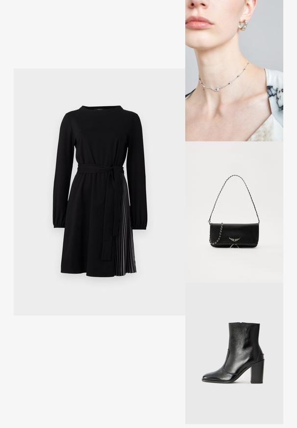 Crna haljina dugih rukava s okruglim izrezom, tkaninskim pojasom i plisiranim panelom suknje od kontrastnog materijala. Glatka tekstura po cijeloj haljini.; Crna kožna čizma do gležnjeva s glatkom teksturom, špicastim vrhom i debelim visokim potpeticama. Ima bočni otvor i minimalistički dizajn.; Crna kožna torba s srebrnim lanac strapom, s dekorativnim krilnim naglascima i bijelim šavovima duž donjeg šava.; Srebrna ogrlica u obliku chokera s delikatnim lancem, koja sadrži geometrijske akcentne detalje i mali dekorativni element u središtu. Vidljiva glatka tekstura kože.