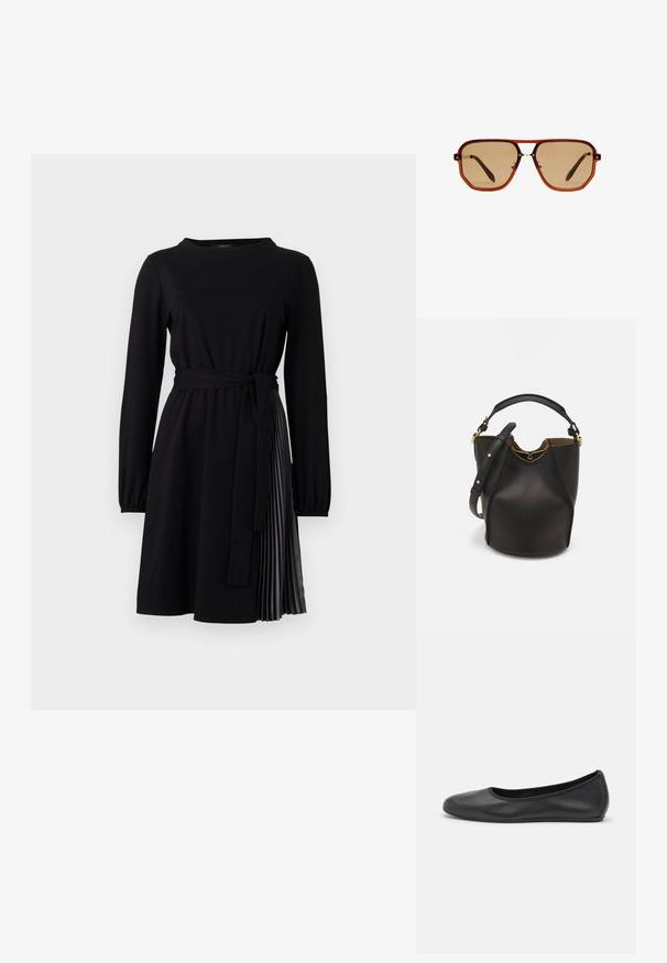 Schwarzes langärmliges Kleid mit rundem Ausschnitt, Stoffgürtel und gefaltetem Rockeinsatz aus kontrastierendem Material. Glatte Textur über das gesamte Kleid.; Schwarze Leder-Ballettschuhe mit abgerundeter Spitze, glatter Textur, minimalen Nähdetails und einem flexiblen Sohlen-Design.; Braune achteckige Sonnenbrille mit einem transparenten, bernsteinfarbenen Rahmen und braun getönten Gläsern. Verfügt über eine Metallverzierung am Steg und schlanke Bügel.; Schwarze Leder-Eimerhandtasche mit strukturierter Oberfläche, goldenen Hardware-Akzenten und offenem Design. Verfügt über einen kurzen Griff und einen verstellbaren Schultergurt.