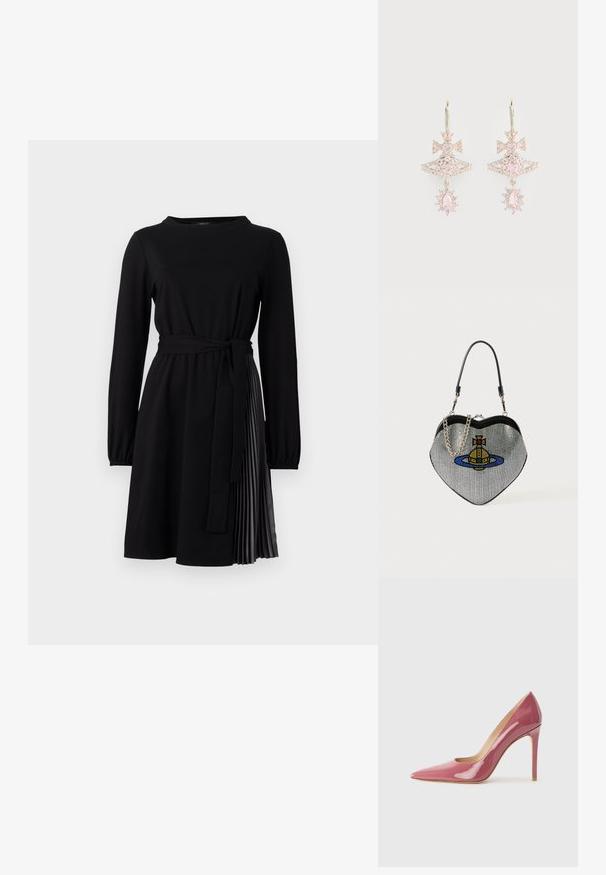 Čierne šaty s dlhými rukávmi a okrúhlym výstrihom, látkovým opaskom a plisovanou sukňou z kontrastného materiálu. Hladká textúra po celom povrchu.; Ružové lakované vysoké podpätky s špicatou špičkou a elegantným siluetou, s výrezom a ihlovým podpätkom.; Taška v tvare srdca vyrobená z mriežkového materiálu s kovovým vzhľadom, so vzorom mačky a planéty v modrej, žltej a červenej farbe. Obsahuje reťazový popruh.; Ružové kamenné náušnice s dizajnom mašle, so zloženou štruktúrou a trblietavými akcentmi; kovové komponenty zachovávajú lesklý povrch.
