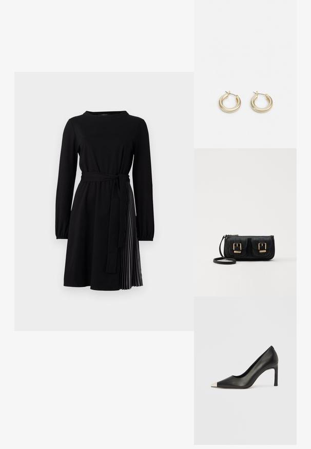 Schwarzes langärmliges Kleid mit rundem Ausschnitt, Stoffgürtel und gefaltetem Rockeinsatz aus kontrastierendem Material. Glatte Textur über das gesamte Kleid.; Schwarzer Lederschuh mit hohem Absatz, spitz zulaufender Zehenpartie und metallischer silberner Spitze. Verfügt über eine glatte Oberfläche und einen schlanken 10 cm hohen Absatz.; Schwarze Leder-Umhängetasche mit zwei vorderen Taschen, goldenen Schnallen, Reißverschluss und einem schmalen Tragegurt. Texturierte Oberfläche und kompakte rechteckige Form.; Lauren Ralph Lauren BASIC SMALL HOOP - Ohrringe - gold-coloured