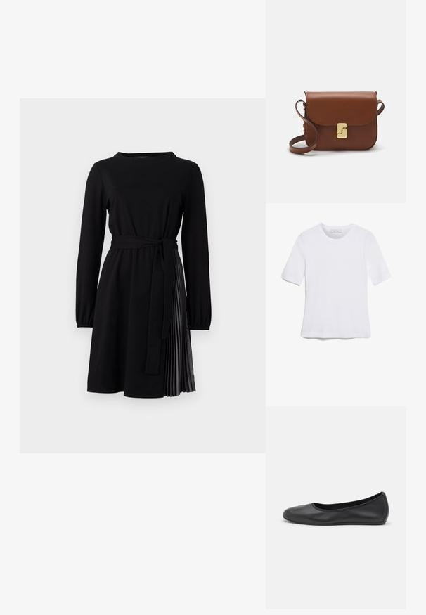 Crna haljina dugih rukava s okruglim izrezom, tkaninskim pojasom i plisiranim panelom suknje od kontrastnog materijala. Glatka tekstura po cijeloj haljini.; Bijela majica s kratkim rukavima izrađena od rebraste tkanine. Okrugli izrez, klasičan kroj i suptilni detalji šivanja. Bez uzoraka ili grafika.; Crne kožne baletanke s zaobljenim vrhom, glatke teksture, minimalnim detaljima šavova i fleksibilnim dizajnom potplata.; Smeđa kožna torba s preklopom, zlatnim detaljima, remenom za nošenje preko ramena i glatkom teksturom. Kompaktni pravokutni oblik.