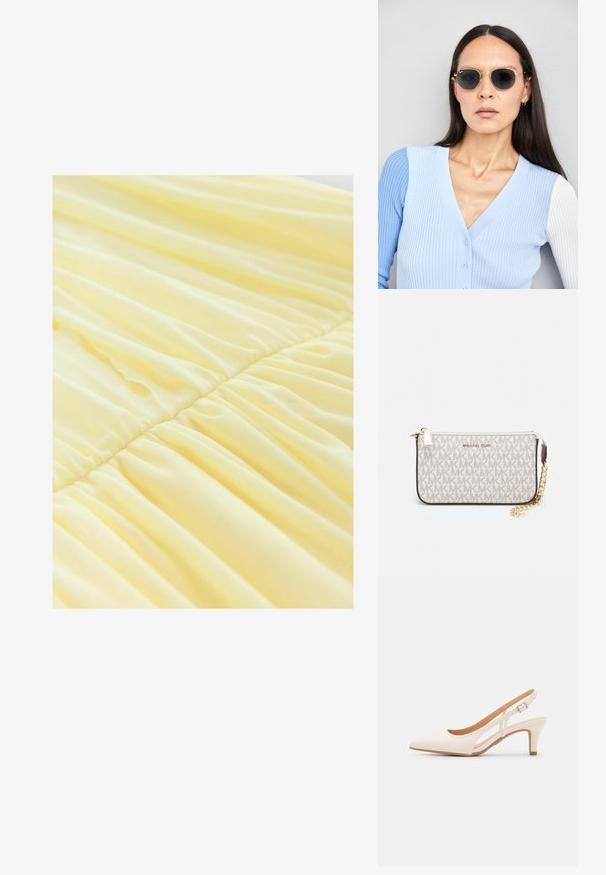 Geltona suknelė, pagaminta iš minkštos, lengvos medžiagos, su susiraukšlėjusiomis dalimis ties liemeniu, sukuriančiomis plytėjantį tekstūrą ir švelnų kritimą.; Balti slingback kulniukai su smailiu pirštu, lygia viršutine medžiaga, žemu blokuotu kulnu ir šoniniu išpjovimu su reguliuojamu sagtimi.; Apskriti saulės akiniai su tamsiais objektyvais ir auksiniais rėmeliais. Modelis vilki šviesiai mėlyną, raukinį kardiganą su mygtukais ir kontrastingomis baltomis rankovėmis.; Michael Kors rankinė smėlio spalvos dengto kanvoje su pakartotiniu MK logotipo raštu, auksinėmis detalėmis ir nuimamu grandininiu dirželiu.