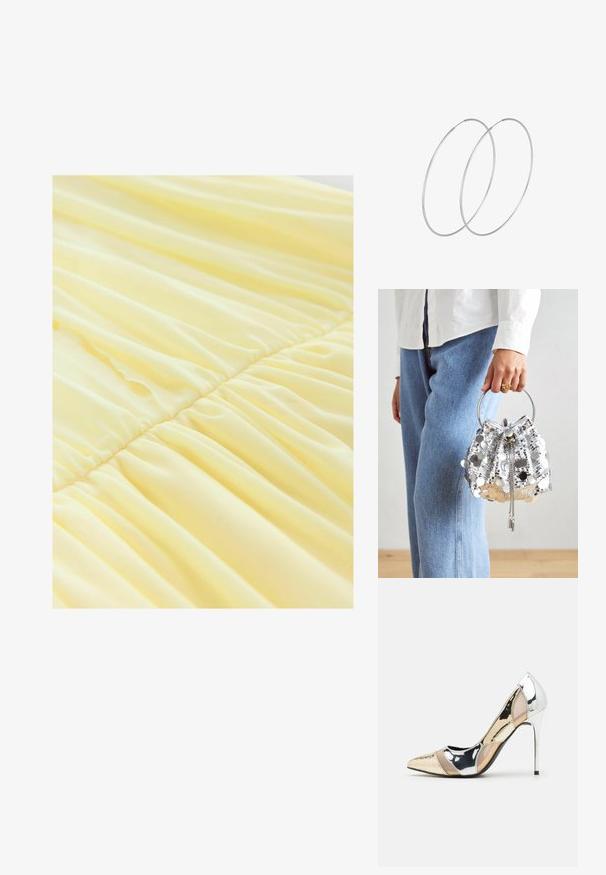 Rumena obleka, izdelana iz mehkega, lahkega materiala, s nabrano sekcijo ob pasu, kar ustvari tekočo teksturo in nežen padajoč učinek.; Čevlji z visoko peto in konico, v barvni kombinaciji srebrne, zlate in nude. Sijajna obdelava z izrezljanim dizajnom, z igličasto peto.; Srebrna torbica s paščki, okrašena s krožnim kovinskim ročajem; ima zategovanje s vrvico in verižne detajle, postavljena na svetlem denimu in belem blagu.; Srebrne uhane v obliki obroča z minimalističnim dizajnom. Krožna oblika, gladka tekstura in tanek profil. Lahki s poliranim zaključkom.
