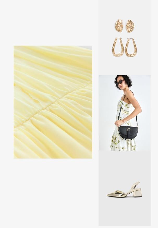 Geltona suknelė, pagaminta iš minkštos, lengvos medžiagos, su susiraukšlėjusiomis dalimis ties liemeniu, sukuriančiomis plytėjantį tekstūrą ir švelnų kritimą.; Auksiniai, metaliniai slingback aukštakulniai bateliai su smailiu pirštu ir masyviu kulnu. Lygus paviršius, minimalizmo dizainas ir siaura juostelė.; Juodas odinis krepšys su išlenkta forma, nuimamu dirželiu ir auksiniais detalėmis. Krepšys turi kilpą su sagtimi.; Auksinės auskarai, turintys tekstūruotus, bangų formos elementus. Įeina skulptūriniai segami auskarai ir atviri lankai su išmuštu paviršiumi.