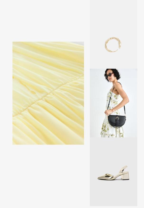 Dzeltena kleita ar mīkstu, vieglu audumu, kurai ir savilktas daļas ap jostasvietu, radot plūstošu tekstūru un maigu kritumu.; Zeltaini, metāla kurpes ar siksniņām, norakans purngalis un masīla papēdis. Gluda tekstūra, minimālisma dizains un šaura siksna.; Melnas ādas rokassoma ar izliekta formu, noņemamu siksnu un zelta aksesuāriem. Somai ir vāciņš ar sprādzes detaļu.; Zelta toņa gredzens ar organisku, vērptu dizainu, gludu virsmu un sašaurinātiem galiem, radot mūsdienīgu, skulpturālu izskatu.