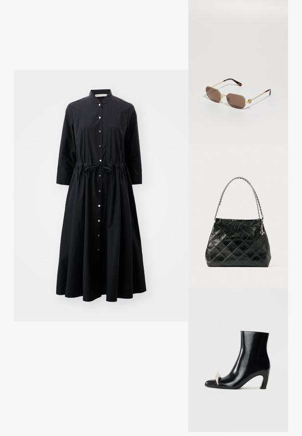 Juoda ilgos rankovės suknelė, pagaminta iš medvilnės, su mygtukų užsegimu priekyje, sukūptu liemeniu ir platėjančia sijonu.; Juodi aulinukai, pagaminti iš blizgios odos, su smailia nosimi ir dekoratyviu aukso bei sidabro akcentu priekyje. Bloko kulnas.; Tory Burch Akiniai nuo saulės - shiny gold-coloured; Juoda pūsta odinė rankinė su sidabrine grandinėlės rankena, pasižyminti struktūruotu dizainu ir lygiu paviršiumi.