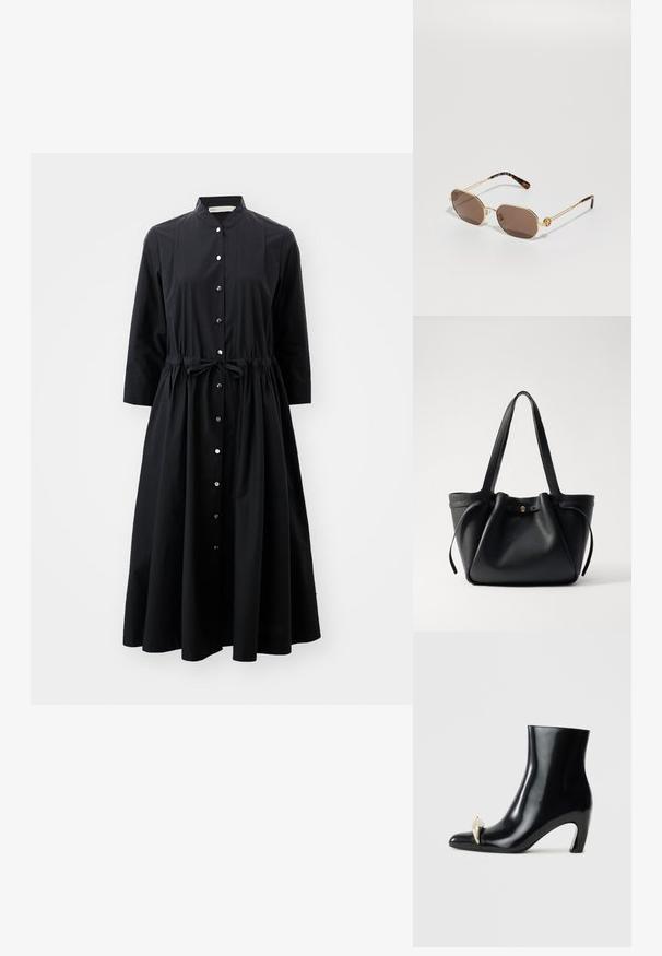 Črna dolga obleka z dolgimi rokavi iz bombaža, z gumbi spredaj, zategnjenim pasom in vezavo ter širokim krilom.; Črne gležnjarje iz sijajnega usnja, s koničastim nosom in dekorativnim zlatim ter srebrnim detajlom spredaj. Oblika bloka pete.; Tory Burch Sončna očala - shiny gold-coloured; Črna usnjena torba s dolgima ročajema, z nabranim vrhom in zlatim okroglim dodatkom. Gladka tekstura s minimalističnim oblikovanjem.