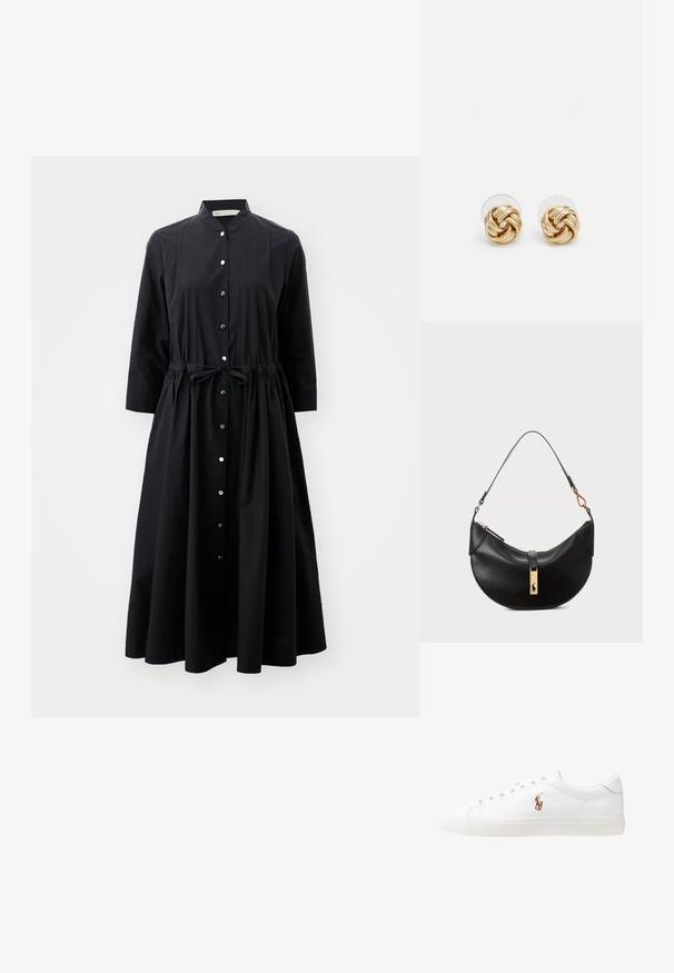 Schwarzes Langarmkleid aus Baumwolle mit durchgehender Knopfleiste, tailliertem Bund mit Gürtel und ausgestelltem Rock.; Weiße Leder-Sneaker, niedrig geschnitten, mit glatter Textur, runder Zehenpartie, Schnür vorne und kleinem gesticktem Logo an der Seite.; Schwarze Lederhandtasche in Halbmondform. Verfügt über eine goldene Hardware-Akzentuierung und einen schmalen Tragegurt. Sanfte Textur, Reißverschlussverschluss an der Oberseite.; Goldfarbene Ohrstecker mit Knoten in gedrehter Ausführung. Jeder Ohrstecker verfügt über eine runde, transparente Rückseite für sicheren Halt.