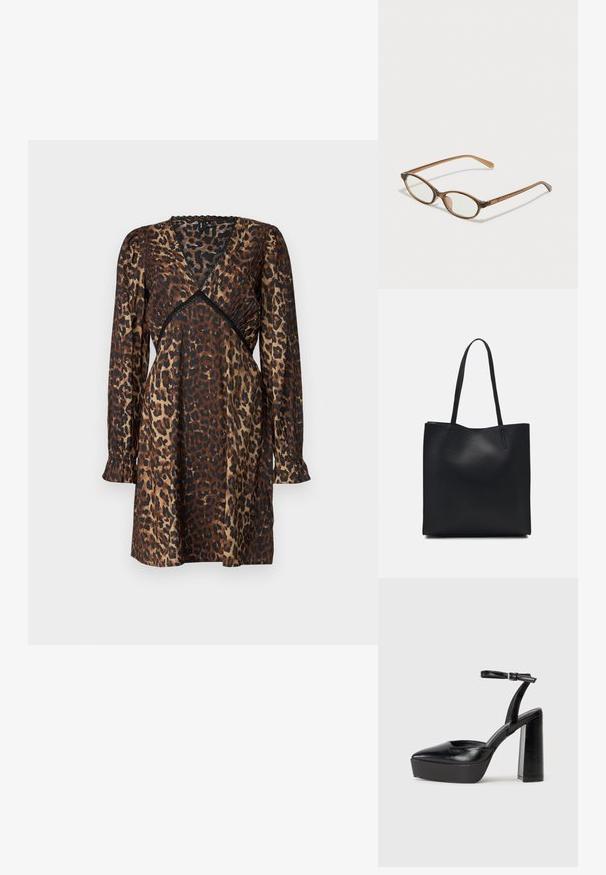 Vestido de estampado de leopardo em castanho e preto. Apresenta um decote em V, detalhes franzidos na cintura, mangas longas e punhos pregueados. Textura semelhante a cetim.; Saltos altos pretos com bico fino e atilho ajustável no tornozelo. Confeccionados em couro suave, apresentam um salto bloco robusto.; Óculos tortoiseshell castanhos com lentes ovais, hastes finas e acabamentos transparentes. Apresenta um logótipo subtil na têmpora. Design elegante e leve.; Bolsa tote preta em couro com textura lisa, forma retangular e duas alças longas. Sem hardware ou enfeites visíveis.