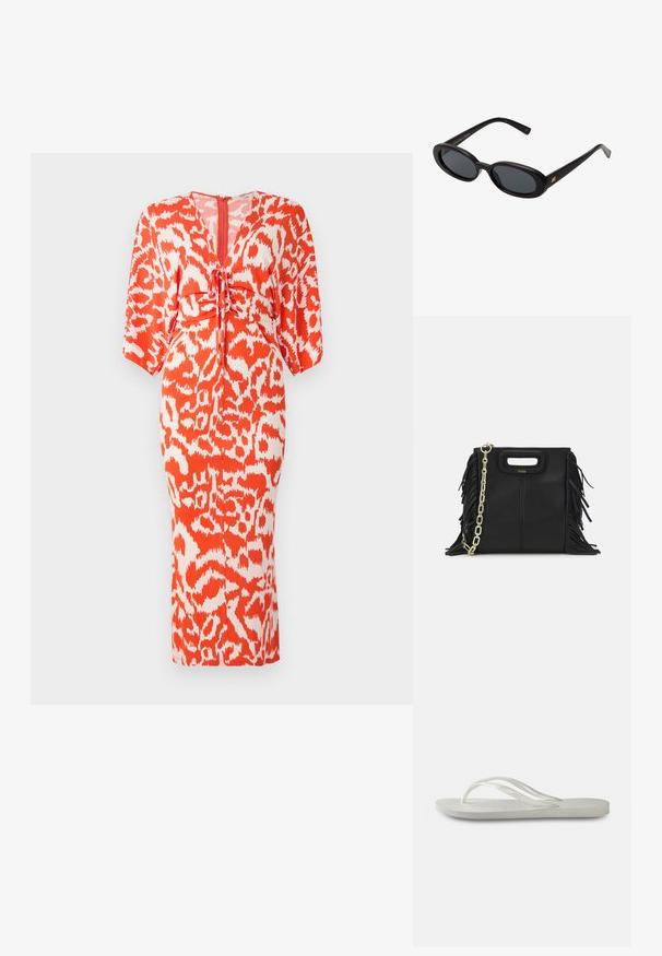 Obleka z oranžnim in belim živalskim vzorcem, prilegajoče silhuete, kratkimi krilastimi rokavi in podrobnostjo z vezico na pasu. Zadrga na hrbtu.; Bela natikača s teksturirano podplatom, koja ima tanke trakice i ravni dizajn. Napravljena od gume s suptilnim logotipom na ulošku.; Črne oversize sončne očala z ovalnimi lečami, gladkim plastičnim okvirjem in zlatenimi detajli na templjih. Temne leče zagotavljajo zaščito pred soncem.; Črna usnjena ročna torba z detajli fringa, zlatim verigo za rame in izrezanim ročajem. Na sprednji strani je nameščen logotip.