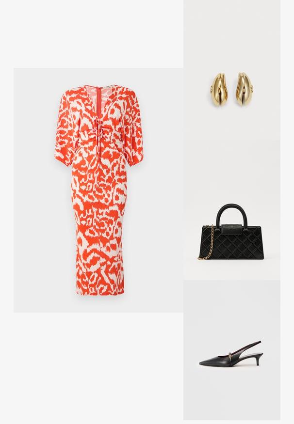 Sukienka w pomarańczowo-białą zwierzęcą kratkę z dopasowanym krojem, krótkimi rękawami w kształcie skrzydeł oraz detalem ze sznurkiem w talii. Zamek błyskawiczny z tyłu.; Czarne skórzane sandały na obcasie z wąskim noskiem, cienkim obcasem i złotym akcentem przy pasku na kostce. Gładka faktura i prosty design.; Czarna torebka wykonana z fakturowanej skóry, z wzorem w romby, złotą łańcuszkową rączką oraz górnym uchwytem z klapą z wytłoczonym logo.; Złote kolczyki o płynnej, zakrzywionej formie. Każdy kolczyk ma gładką powierzchnię i mały zapięcie z dekoracyjnym detalem.