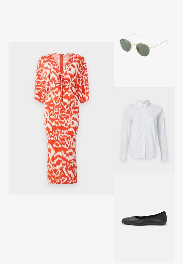 Piros-fehér mintás ruha mély V-nyakkal, húzózsinóros derékkal és rövid, bő ujjal. Az anyag simának tűnik, testhezálló sziluettel.; Fehér hosszú ujjú pamut ing, gallérral, gombos elülső résszel és egyetlen mellzsebbel. Sima textúra. Mintázat nélkül.; Fekete bőr balettcipő lekerekített orral, sima tekstúrával, minimális varrással és rugalmas talp kialakítással.; Arany fém keretes napszemüveg zöld lencsékkel, kerek formával, vékony szárakkal és fehér műanyag díszítéssel a szárak végén.