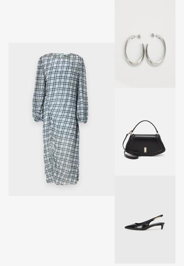 Fållad lång klänning i lätt, genomskinligt tyg med ett blått och svart rutmönster, med långa ärmar och rund halsringning.; Svart läder slingback-hälar med spetsig tå, med en smal klack och en guldtonad detalj på den justerbara remmen. Slät textur.; Svart läderhandväska med en strukturerad design, som har en avskuren form, ett handtag upptill och guldiga detaljer. Justerbar axelrem ingår.; Silverfärgade hoopsörhängen med en slät, böjd design. Har en glänsande metallisk yta och ett stiftlås. Inga synliga mönster eller detaljer.