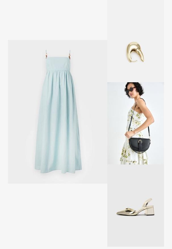 Hele sinine maksimekko õhukeste rihmadega, gatherdatud talje ja sile, pehme tekstuur. Rihmadel on dekoratiivsed metallosad.; Kuldne, metallilised slingback-kudumid terava varba ja paksu kontsaga. Sile tekstuur, minimalistlik disain ja kitsas rihm.; Mustmust mustraha kõverate joontega, eemaldatava rihmaga ja kuldsete detailidega. Kotil on klapp, millel on pandladetail.; Kuldtooni metallist kõrvarõngas, millel on elegantne ja kaarjas disain. Omab silmapaistvat teravat kuju, poleeritud pinda ja hingesulgemist.