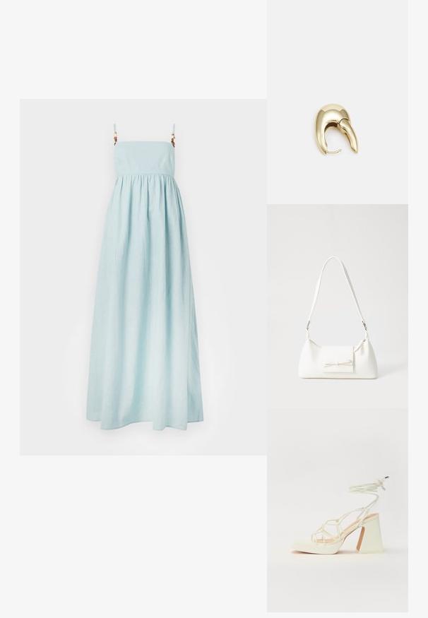 Lys blå maxi-kjole med spagettistropper, rynket liv og en glatt og myk tekstur. Har dekorative detaljer på stroppene.; Hvit høyhælte sandal med kraftig hæl, med en stroppe-design og ankelbånd. Glatt tekstur med plattform foran for ekstra høyde.; Hvit syntetisk håndveske med trekantet form, flat klaff foran og sløyfe detaljer, justerbar stropp, glatt tekstur og minimalistisk design.; Gullfarget metalløredobber med et elegant, buet design. Har en karakteristisk spiss form, polert overflate og hengsel-lukking.