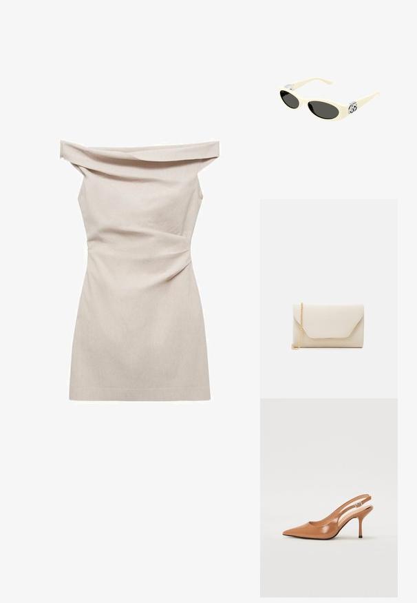 Beige off-the-shoulder jurk met geplooide textuur, een strakke korsage en een rechte zoom. Gemaakt van lichtgewicht stof voor comfort.; Puntige slingback hak in een glad, glanzend beige materiaal. Bevat een gebogen uitsnijdontwerp en een slanke stiletto hak. Zilveren gesp detail.; Crème-kleurige zonnebril met ovale lenzen, zwarte tint en metallic logo accenten op de slapen. Zachte textuur, cat-eye ontwerp.; Beige clutch bag met een gladde textuur, gouden kettinghengsel en een envelopstijl klep met contrasterende gouden rand.
