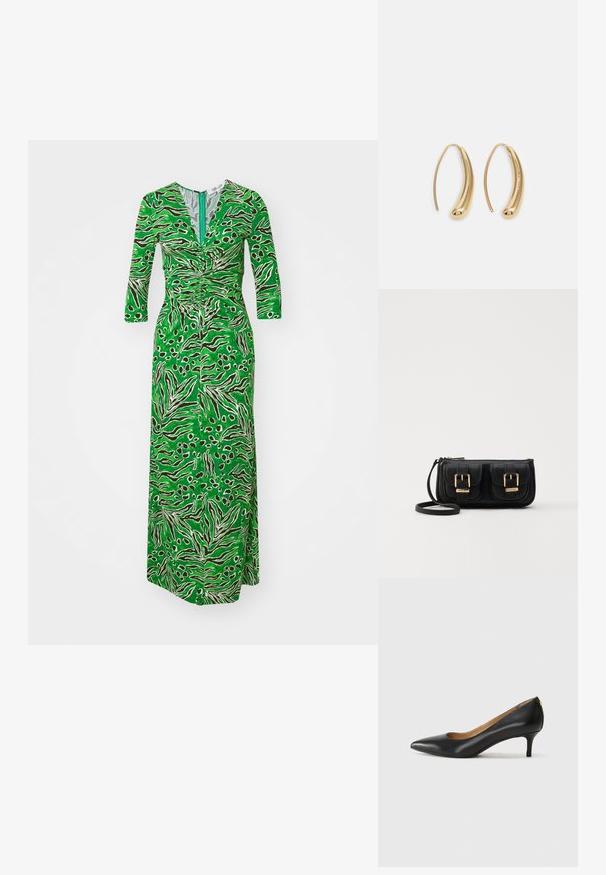 Diane von Furstenberg ALBA zielony; Czarne skórzane szpilki z wąskim noskiem, niskim obcasem i gładką fakturą. Posiadają lekko otwarte przody i minimalne okucia z tyłu.; Czarna skórzana torba na ramię z dwoma przednimi kieszeniami, złotymi klamrami, zamkiem błyskawicznym i cienkim paskiem. Teksturowana powierzchnia i kompaktowy prostokątny kształt.; Złote metalowe kolczyki w kształcie obręczy o zakrzywionym, wydłużonym kształcie. Posiadają gładką, błyszczącą powierzchnię oraz zaokrąglony koniec dla dodatkowego efektu.