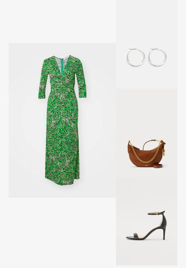 Diane von Furstenberg ALBA DRESS - Obleka iz džersija - water green; Črne usnjene sandale s peto, ki imajo priponko za gleženj. Imajo gladko teksturo, odprt prst in tanek peto. Podrobnost z zlatim sponko.; Rjava usnjena torbica s ukrivljenim dizajnom, zlatim verižnim trakom, notranjim žepom in snemljivim ramenskim trakom. Ima kontrastno šivanje.; Srebrni obroči za ušesa imajo gladko, zaobljeno obliko z tankim profilom in varnim zapiranjem. Minimalističen stil z sijočo površino.
