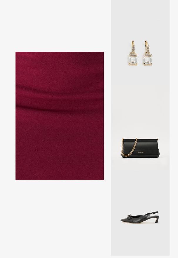 Burgundi värvi kangas pehme ja tekstuurse pinnaga; sisaldab õrnu voldikesi, mis viitavad venivusele ja keha järgsele disainile.; Must must nahk slingback kingad terava varbaga, väikese kontsaga ja dekoratiivse pandlaga ülaosas. Sile tekstuur, minimalistlik disain.; Mustast nahast klamberkott kuldse kettrihmaga, millel on sile tekstuur, ristkülikuline kuju ja esiküljel reljeefne brändingu märk.; Kuldtooni kõrvarõngad, millel on ristkülikukujuline, selge kristall, mis ripub allapoole väikeste ümmarguste selgete aktsentide rida. Viimistletud, kaasaegne disain.