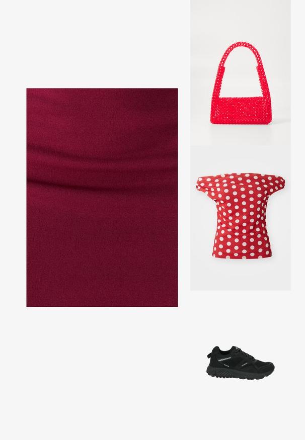 Burgunderroter Stoff mit einer weichen, strukturierten Oberfläche; verfügt über sanfte Falten, die auf Dehnbarkeit und eine körpernahe Passform hinweisen.; Rotes kurzärmeliges Oberteil mit einem schulterfreien Design, das weiße Punkte aufweist. Hergestellt aus glattem Stoff mit figurschmeichelnder Passform.; Schwarzer wasserdichter Wanderschuh mit Netzpaneelen, strukturiertem Sohlenprofil, runder Zehenpartie und reflektierenden Schnürsenkeln. Verfügt über ein Logo und eine Zuglasche an der Ferse.; Rote Handtasche aus Perlenkunststoff, mit einem quadratischen Boden und einem gebogenen Griff. Die Oberfläche hat ein strukturiertes, glattes Finish mit einem Muster aus Perlen.