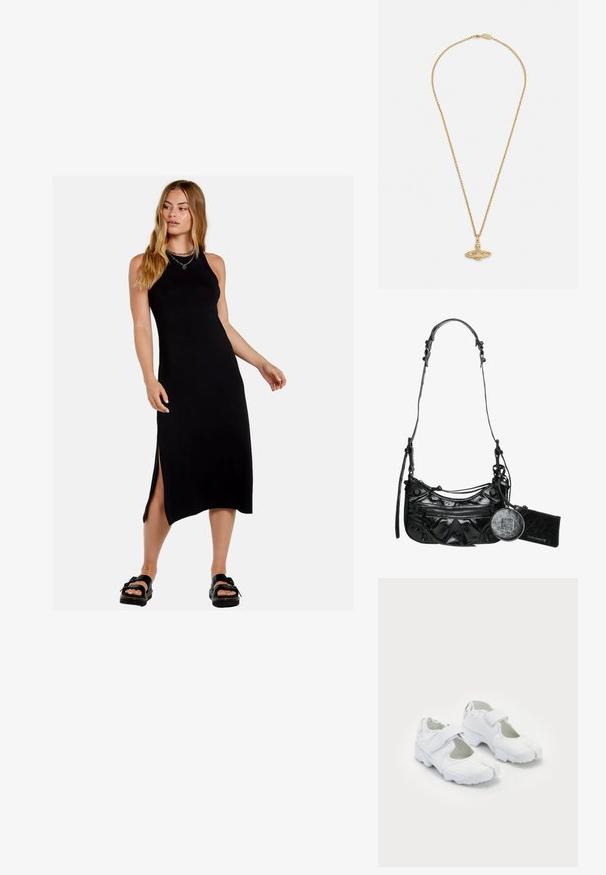 Schwarzes, ärmelloses Maxikleid mit seitlichen Schlitzen, aus einem glatten Stoff. Es hat eine taillierte Silhouette und einen runden Ausschnitt.; Weiße Sportschuhe mit strukturiertem Obermaterial, verstellbarem Klettverschluss, runder Zehenpartie und einer dicken Sohle mit auffälligem Profil.; Schwarze synthetische Lederhandtasche mit geschwungenem Design, einem mit Reißverschluss versehenen Frontfach und dekorativer Hardware sowie einem abnehmbaren runden Münzbeutel.; Goldkette mit feiner Kette und einem kunstvollen Anhänger mit komplexen Verzierungen und einer strukturierten Oberfläche, die ein einzigartiges Design zeigt.