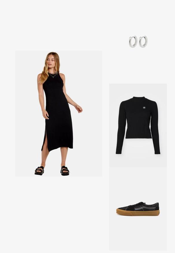 Musta olkaimeton maksimekko, jossa on sivuhalkiot, valmistettu sileästä kankaasta. Sisältää istuvan siluetin ja pyöreän pääntien.; Musta pitkähihaisempi toppi, jossa on ribbikuvio, korkea kaula-aukko ja pieni brodeerattu logo vasemmassa rinnassa. Sisältää tiukan lyhyen muotoilun.; Musta samettipintainen lenkkitossut, joissa on valkoiset ompeleet ja signatuurisivuviiva, tanvärinen kumipohja ja matalaprofiilinen muoto. Mustat nauhat.; Hopehope hopehope ni polido, yenye muundo wa duara na viungio visivyo na seams, vinavyoonyesha uso laini.