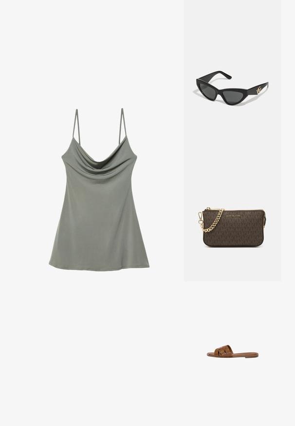 Débardeur drapé, gris clair, avec des fines bretelles réglables, fabriqué dans un tissu doux, présentant une coupe décontractée et une texture lisse.; Sandale en cuir marron avec des brides croisées, semelle plate et texture lisse. Design simple sans embellissements ni motifs.; Lunettes de soleil en œil de chat avec une monture en plastique noir mat, des verres foncés et un accent en or avec le logo sur la branche. Design angulaire et texture lisse.; Sac en cuir brun à bandoulière avec motif logo, bandoulière en chaîne dorée, fermeture éclair et accents de quincaillerie dorée. Forme compacte et rectangulaire.