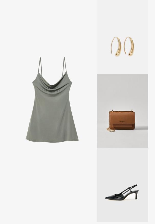 Ohlapna svetlo siva kamizola s tankimi nastavljivimi naramnicami, izdelana iz mehkega materiala, z udobnim krojem in gladko teksturo.; Črne lakaste slingback pete s koničastim nosom, ki imajo teksturiran vzorec kačje kože, nastavljiv trak in kratek teksturiran blok peto.; Rjava teksturirana usnjena torba čez ramo z zlatim verižnim trakom in zapiranjem na pokrov. Spredaj je vidna podrobnost logotipa in žep pod pokrovom.; Zlato-tonirani kovinski uhani v obliki obroča s krivuljo in podolgovato obliko. Imajo gladko, sijočo površino in zaobljen vrh za dodaten detajl.
