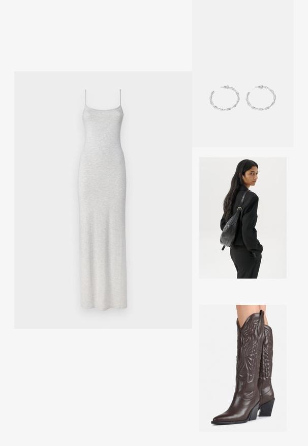 Siva, prilegajoča dolga obleka z gladko teksturo, nastavljivimi ramenskimi trakovi in preprostim, neokraševanim dizajnom.; Rjave usnjene kavbojske čevlje z ostrim nosom in blok peto, ki vsebujejo podrobno šivanje in dvignjene dodatke na zgornjem delu.; Ženska z dolgimi temnimi lasmi, oblečena v črn kostim, nosi črno usnjeno torbo čez ramo in se ozira čez ramo proti beli podlagi.; Srebrni uhani v obliki obročka s spiralnim dizajnom, ki imajo sijajno površino in zapiralo na zadnji strani. Mere znašajo približno 3 cm v premeru.