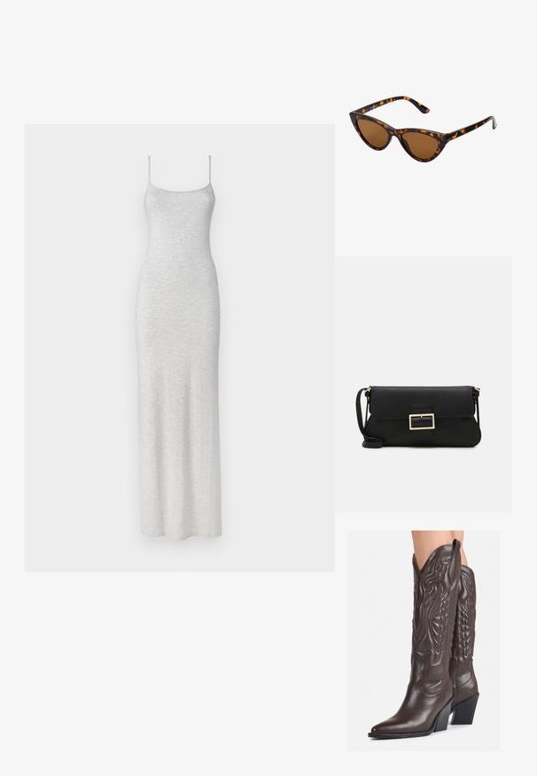 Szürke, testhezálló maxiruha sima textúrával, állítható pántokkal és egyszerű, díszítések nélküli dizájnnal.; Barna bőr cowboy csizmák hegyes orral és blokk sarkal, részletes varrással és kiemelkedő díszítésekkel a szárán.; Cica szemüveg fekete és narancssárga teknőc pánttal, barna lencsékkel és sima, hegyes végekkel. A templomán egy minimalista logó található.; Fekete bőr kézitáska hajtóka részlettel és aranyszínű fém csattal. Tartalmaz egy fekete pántot és egy letisztult, minimális dizájnt.