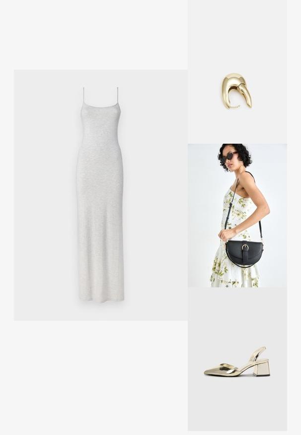 Pilka, prigludusi maksi suknelė su lygiu paviršiumi, reguliuojamomis špageto petnešėlėmis ir paprastu, neišpuoštų dizainu.; Auksiniai, metaliniai slingback aukštakulniai bateliai su smailiu pirštu ir masyviu kulnu. Lygus paviršius, minimalizmo dizainas ir siaura juostelė.; Juodas odinis krepšys su išlenkta forma, nuimamu dirželiu ir auksiniais detalėmis. Krepšys turi kilpą su sagtimi.; Aukso tono metalinės auskarai su stilingu, kreiviu dizainu. Išsiskiria ryškiu smailiu pavidalu, poliruota paviršiumi ir užsegimu su vyriu.