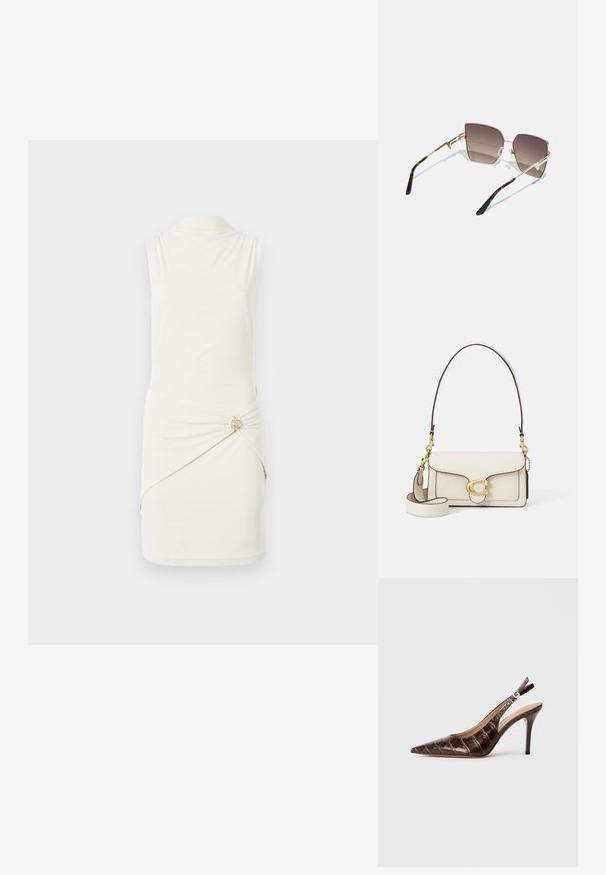 Selle riietuseta kreemine kleit, millel on kraeline kaelus, vöökohale tõmmatud detail kullatud nööbiga ja külgedel langev kangas.; Pruun, krokodillikujutusega nahast slingback pump, millel on terav varvas, avatud küljed ja õhuke kõrge konts. Kujundatud kinnitusega. ; Roosa kuldne metallraamiga prillid, nurgelised läätsed, mille varjund on tumedast heledani pruun, ja kilpkonnakujuline muster tempel.; Kreem värvi nahk kõige tugevama disainiga käsitasku, kontrastsete mustade ääride, kuldsete metallist detailide ja eemaldatava rihmaga, millel on allkirja logo.