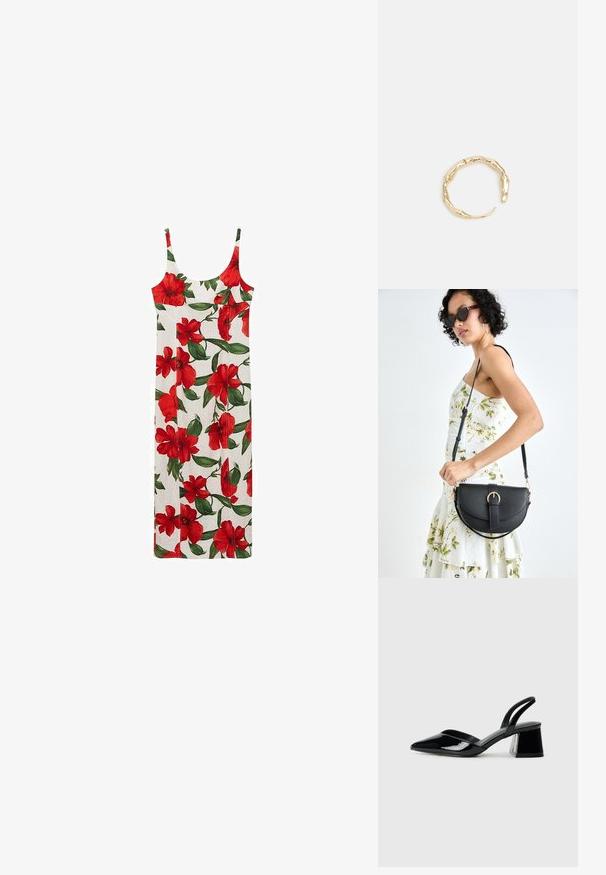 Abito slip floreale con motivi di hibiscus rossi su sfondo bianco. Ha spalline sottili e una silhouette dritta. Tessuto leggero.; Décolleté in vernice nera con punta affusolata e tacco in geometria cubica. Presentano un design elegante e minimalista, con una texture liscia.; Borsa a tracolla nera in pelle con una forma curva, manico rimovibile e accessori dorati. La borsa presenta una patta con un dettaglio a fibbia.; Anello in tono oro con un design organico e Twisted, caratterizzato da una superficie liscia e punte affusolate, che crea un aspetto moderno e scultoreo.