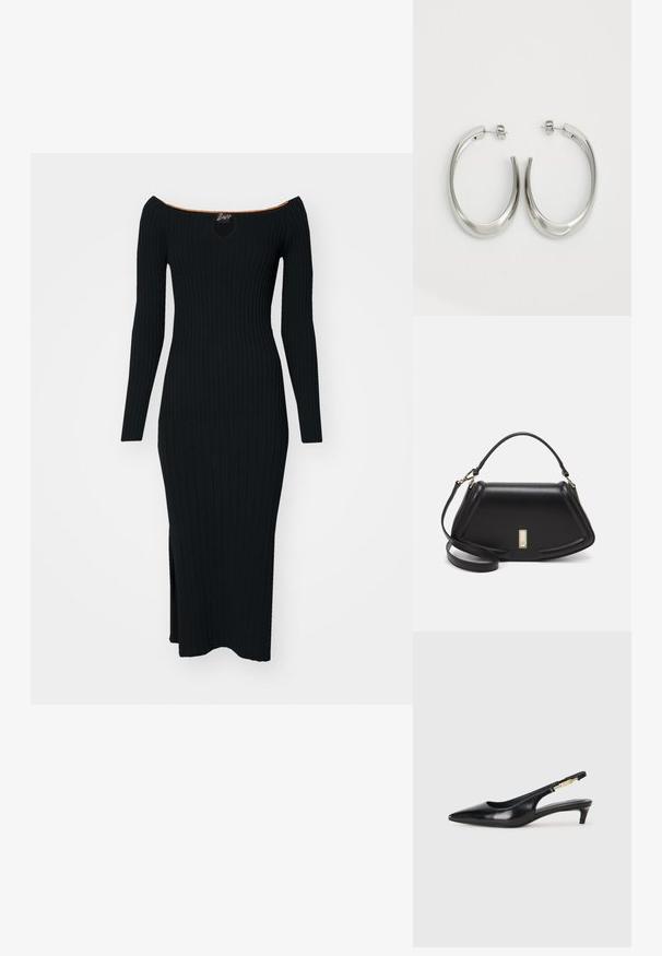 Svart ribbad stickad klänning med off-shoulder halsringning, långa ärmar och en sidospalt. Har ett nyckelhålsutskärning och orange accent vid kragen.; Svart läder slingback-hälar med spetsig tå, med en smal klack och en guldtonad detalj på den justerbara remmen. Slät textur.; Svart läderhandväska med en strukturerad design, som har en avskuren form, ett handtag upptill och guldiga detaljer. Justerbar axelrem ingår.; Silverfärgade hoopsörhängen med en slät, böjd design. Har en glänsande metallisk yta och ett stiftlås. Inga synliga mönster eller detaljer.