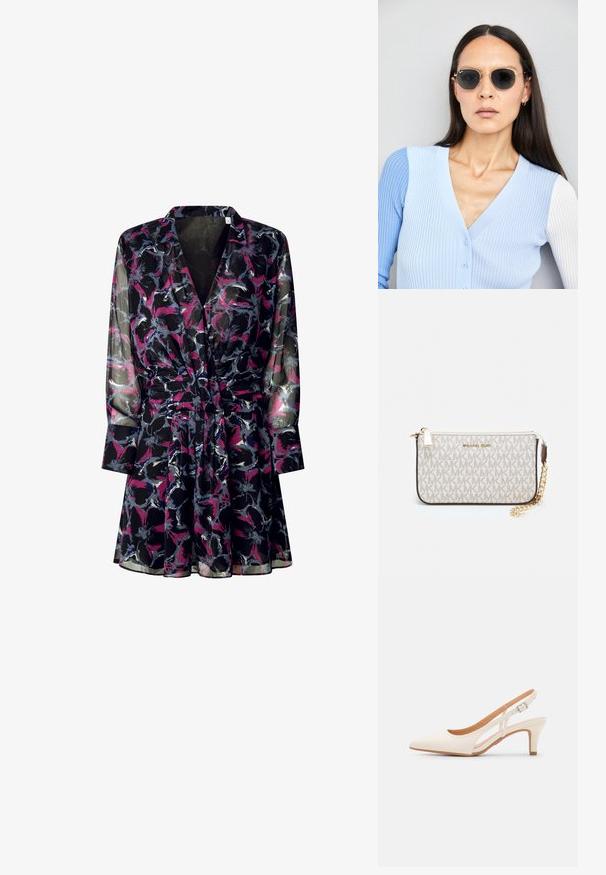 Crna prozirna haljina sa cvjetnim uzorkom u purpurnoj, ružičastoj i sivoj boji. Ima dugačke rukave, stegnut struk i ovratnik.; Bijela slingback peta s oštrim vrhom, glatkim gornjim materijalom, niskom blok peta te dizajnom s bočnim izrezom i podešivom kopčom.; Ok Runde sunčane naočale s tamnim staklima i zlatnim okvirom. Model nosi svijetloplavi rebrasti kardigan s gumbima i kontrastnim bijelim rukavima.; Michael Kors novčanik na zapešću u bež premazanoj tkanini s ponavljajućim uzorkom MK loga, zlatnim hardverom i odvojivim lancem za nošenje.