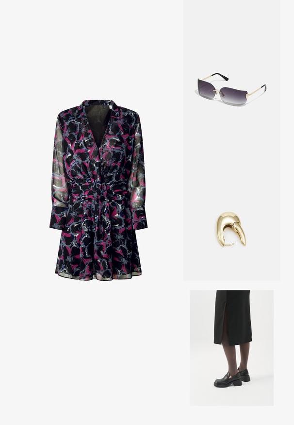 Črna prosojna obleka z cvetličnim vzorcem v vijolični, rožnati in sivi barvi. Ima dolge rokave, poudarjen pas in ovratnik.; Črne usnjene čevlje s zaobljenim prstom, debelim blokastim petama in elastičnimi stranskimi detajli, v kombinaciji s temno nogavicami in črno krilo z razporkom.; Sončne očala s sivo naravnanimi lečami, zlatim kovinskim okvirjem in črnimi plastičnimi detajli. Edinstvene leče v obliki metulja z tankimi ročaji.; Uhane nakit iz zlatastega tona z gladko, ukrivljeno zasnovo. Ima edinstveno koničasto obliko, polirano površino in zaponko s tečajem.