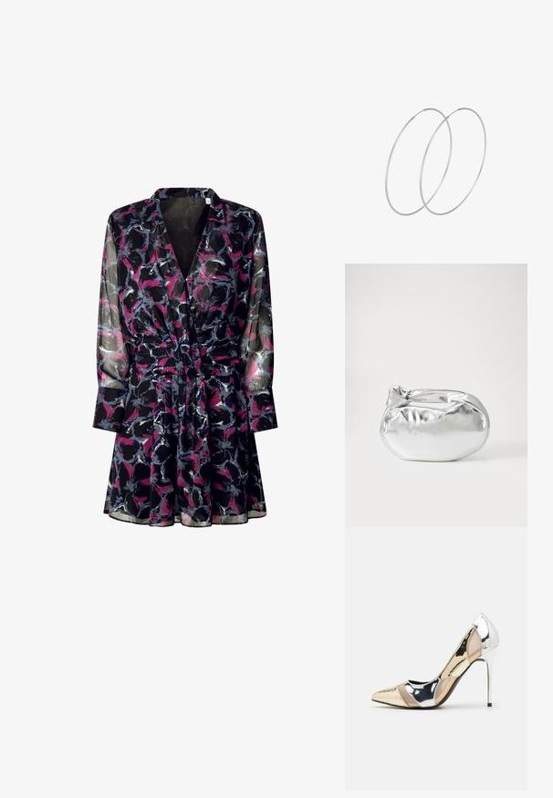Crna prozirna haljina sa cvjetnim uzorkom u purpurnoj, ružičastoj i sivoj boji. Ima dugačke rukave, stegnut struk i ovratnik.; Cipele s visokom potpeticom i špicastim vrhom u srebrnoj, zlatnoj i nude boji. Sjajan finiš s izrezbarenim dizajnom, s potpeticom u obliku stiletto.; Srebrna metalik torbica s mekim, zaobljenim oblikom i čvorastim zatvaranjem na vrhu. Izrađena od glatke sintetičke kože.; Srebrne okrugle naušnice s minimalističkim dizajnom. Kružni oblik, glatka tekstura i tanak profil. Lagane s poliranim završetkom.