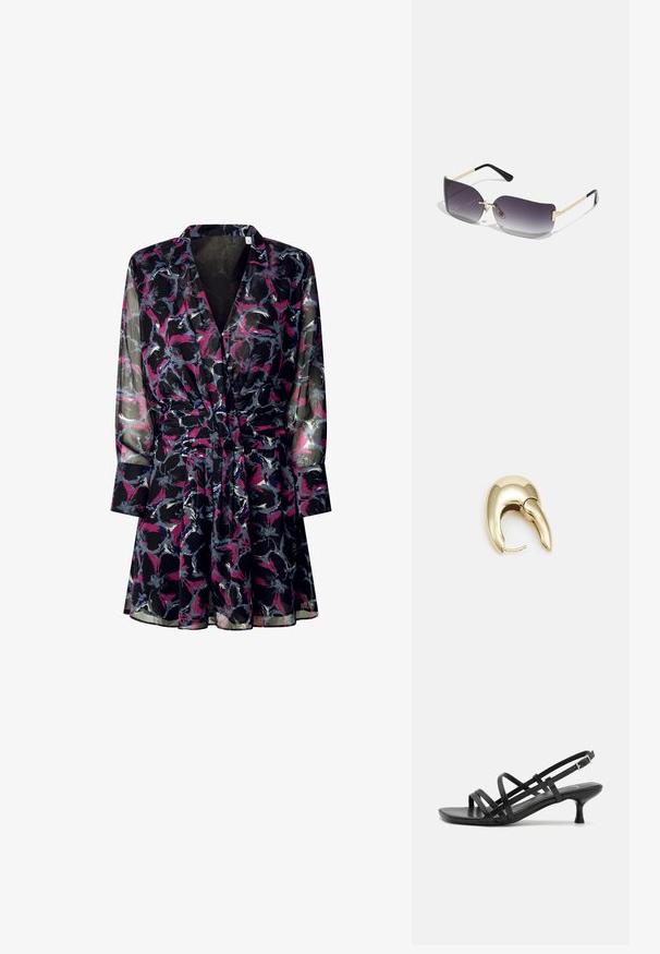 Melnā caurspīdīgā kleita ar ziedu rakstu purpursarkanā, rozā un pelēkā krāsā. Kleita ar garām piedurknēm, nohakotu jostasvietu un apkakli.; Melni papēžu sandales ar vairākiem krustveida siksnām. Gluda materiāla, norādīta purngala un šaura papēža. Regulējama potītes siksna ar sprādzīti.; Saulesbrilles ar pelēko gradienta lēcu, zelta metāla rāmi un melnām plastmasas detaļām. Unikāli tauriņa formas lēcas ar plānām kājām.; Zeltīti metāla auskari ar gludu, izliekta dizaina. Ar atšķirīgu smailu formu, pulētu virsmu un eņģu aizdari.