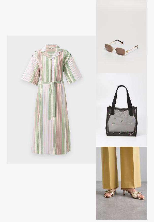 Svītrains krekla kleita ar vertikālām zaļām, baltām un rozā svītrām, īsām piedurknēm, apkakli un atbilstošu jostu viduklī.; Stuart Weitzman FELICITY BOW SLIDE - Iešļūcenes ar papēdi - platino; Tory Burch Saulesbrilles - shiny gold-coloured; Melna acu soma ar izšūtām ziedu rakstiem, ar izturīgām melnām rokturiem un logo birku priekšpusē. Puscaurspīdīgs materiāls.