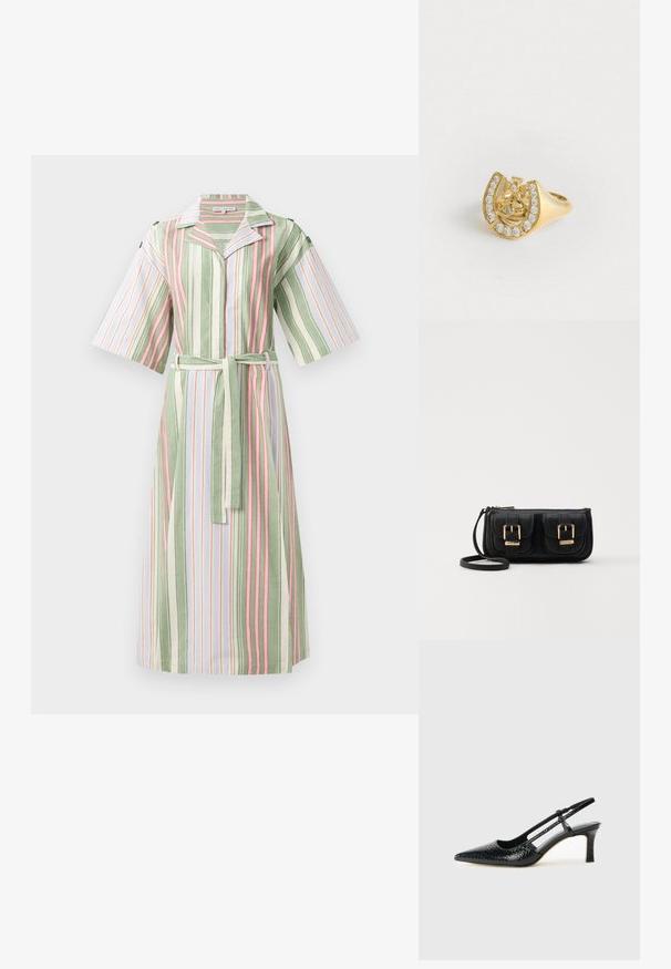 Ribidega kleit, millel on rohelised, valged ja roosad vertikaalsed triibud, lühikesed varrukad, kaelus ja vastav vöö taljes.; Mustmust paelad, millel on terav varvas, tekstuuriga maduprindiga, reguleeritav rihm ja lühike tekstuuriga plokknina.; Must küllastamata nahast õlakott, millel on kaks esist nähtavat taskut, kuldsed pandlad, tõmblukuga sulgemine ja peen rihm. Tekstuuriga pind ja kompaktne ristkülikukujuline kuju.; Kuldne sõrmus, mille sees on kroonikujundus hobuseraua sees, kaunistatud väikeste selgete kalliskividega, valge tausta peal.