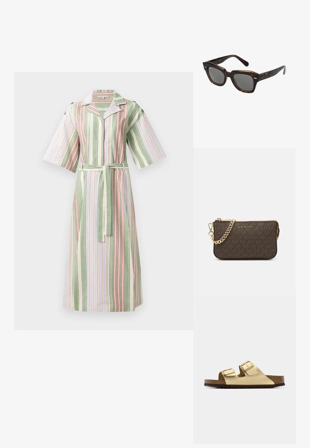 Abito a righe con strisce verticali verdi, bianche e rosa, maniche corte, colletto e una cintura abbinata in vita.; Sandali in pelle vegana dorata con due cinturini regolabili, soletta in sughero e suola in gomma scura. Texture liscia con finitura metallica.; Occhiali da sole rettangolari con montatura in plastica tartarugata, lenti scure e dettagli argentati sui lati. Made in Italy.; Borsa a tracolla in pelle marrone con motivo logo, tracolla in catena dorata, chiusura con zip e dettagli in metallo dorato. Forma compatta e rettangolare.