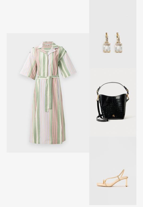 Pasujo obleko s črtami v zelenih, belih in rožnatih navpičnih črtah, kratkimi rokavi, ovratnikom in ujemajočim se pasom v pasu.; Zlati sandali na visokem petu s trakovi, okrašeni trakovi, kvadratna konica in tanek blok peto za stabilnost.; Črna torbica iz usnja z embosiranim krokodiljim vzorcem, ukrivljene oblike, z zlatimi akcenti, nastavljivim trakom in podrobnostjo logotipa spredaj.; Zlato obarvani uhani, ki vsebujejo pravokoten, prozoren kristal, obešen pod vrsto majhnih, okroglih prozornih dodatkov. Elegantna, moderna zasnova.