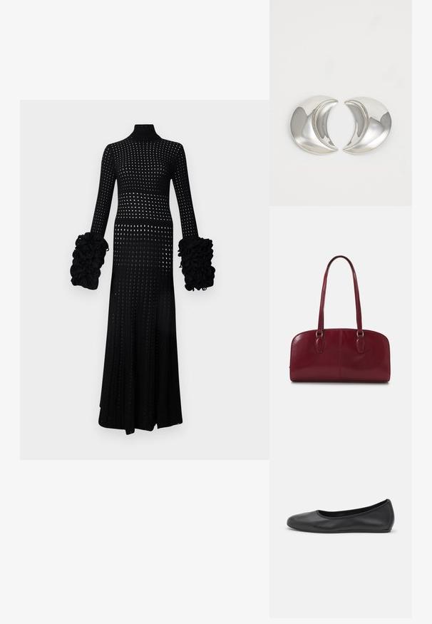 Long black dress with a high neck, featuring open knit design, puffed sleeves with textured accents, and a fitted silhouette.; Black leather ballet flat with a rounded toe, smooth texture, minimal stitching detail, and a flexible sole design.; Zign LEATHER - Handbag - dark red; Silver crescent-shaped earrings with a polished finish, featuring smooth curves and reflective surfaces, creating a sleek, modern design.