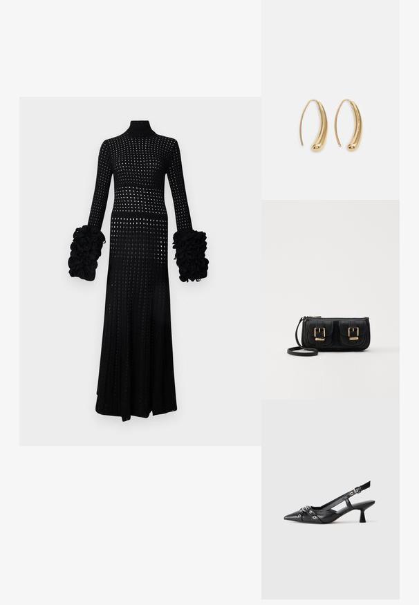 Długa czarna sukienka z wysokim kołnierzem, z otwartym splotem, bufkami z teksturowanymi akcentami oraz dopasowanym fasonem.; Czarne skórzane buty typu slingback z ostrym noskiem, ozdobnymi paskami z metalowymi oczkami oraz niskim klinowym obcasem. Teksturowana powierzchnia.; Czarna skórzana torba na ramię z dwoma przednimi kieszeniami, złotymi klamrami, zamkiem błyskawicznym i cienkim paskiem. Teksturowana powierzchnia i kompaktowy prostokątny kształt.; Złote metalowe kolczyki w kształcie obręczy o zakrzywionym, wydłużonym kształcie. Posiadają gładką, błyszczącą powierzchnię oraz zaokrąglony koniec dla dodatkowego efektu.