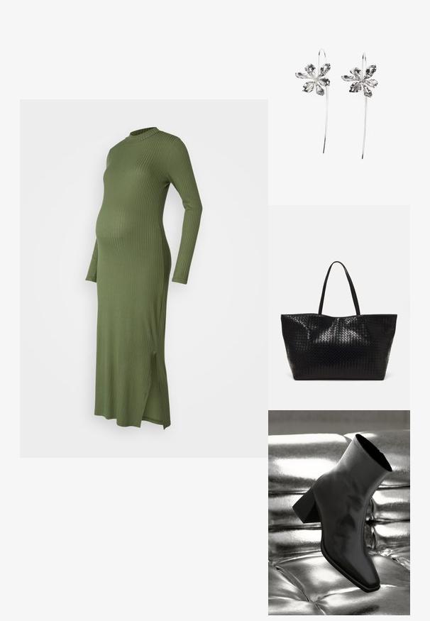 Vestido de maternidade de manga longa e com nervuras na cor verde-oliva. Apresenta um decote alto e fendas laterais para maior conforto e estilo.; Botim preto de tornozelo feito de material brilhante, com bico quadrado e salto afunilado, posicionado contra um fundo prateado brilhante com detalhes acolchoados.; Saco tote preto trançado com duas alças robustas, apresentando uma textura brilhante e um design de topo aberto espaçoso.; Brincos em forma de flor prateados com um acabamento texturizado, apresentando ganchos longos e detalhes semelhantes a pétalas para um design intrincado.