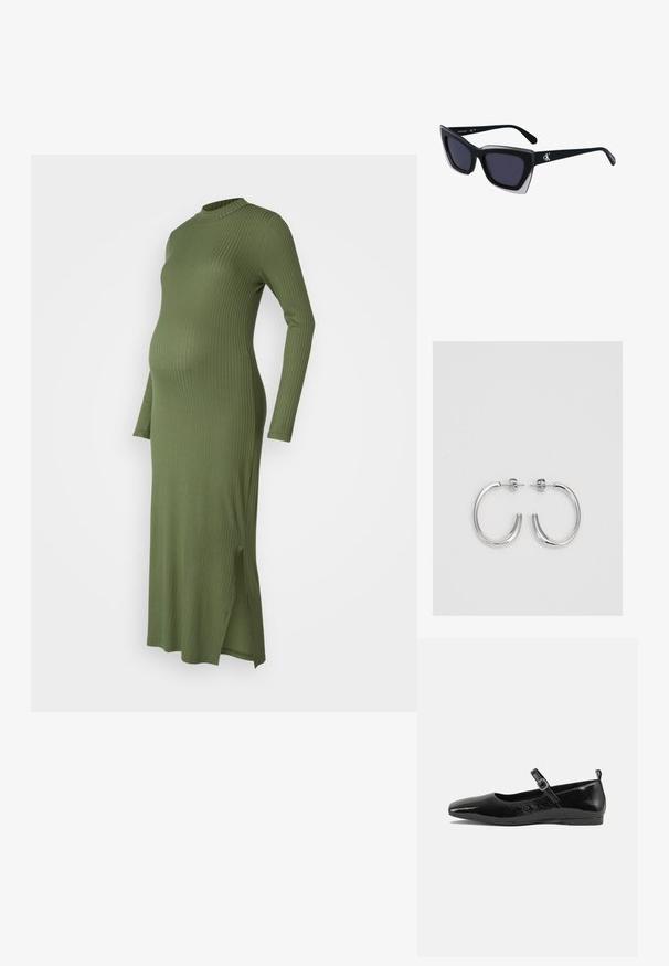Ribota, ilgomis rankovėmis nėščiųjų suknelė alyvuogių žalia spalva. Suknelė turi aukštą kaklą ir šonines plyšius, suteikiančius papildomą komfortą ir stilių.; Juodas lakinės odos butas su smailiu nosiu, kulkšnies dirželiu su sagtimi ir lygia, blizgia tekstūra. Žemas kulnas dėl patogumo.; Juodos didelės saulės akinių su geometrine forma, turinčiais tamsius objektyvus ir kontrastingą pilką detalę ant rėmelio. Logotipas ant šalon.; Sidabriniai lankelio formos auskarai su lygiu, blizgiu paviršiumi, išlenktos formos ir su užsegimu. Minimalistinio dizaino su moderniu apdaila.